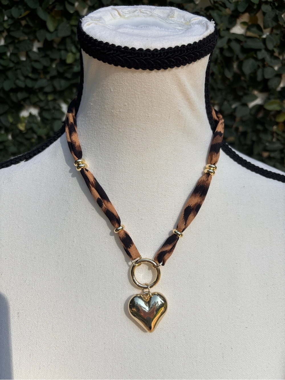 Trendy boutique Brown & Black Leopard Ribbon Necklace with Gold Heart